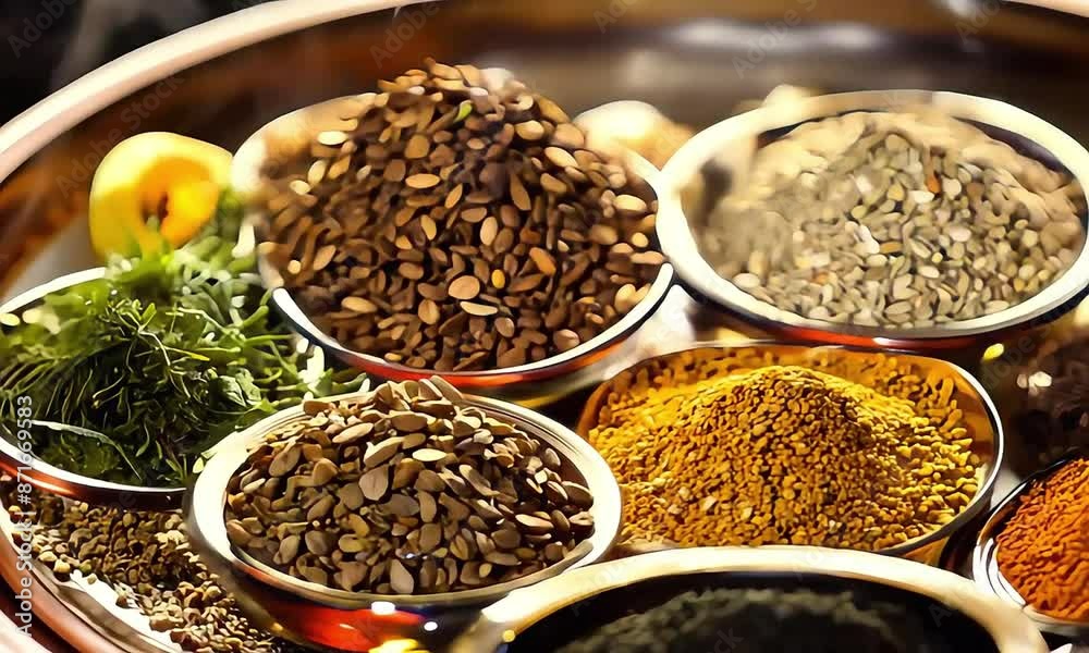 Assortment of aromatic spices, seeds and dry herbs for cooking food on background rotating in smal glass bowls rotating, close up, top view Assortment of aromatic spices, seeds and dry herbs for cooking food on background rotating in smal glass bowls rotating, close up, top view