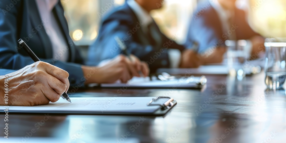 A closeup of business people in suits at a table, with a blurred background during a meeting or presentation.