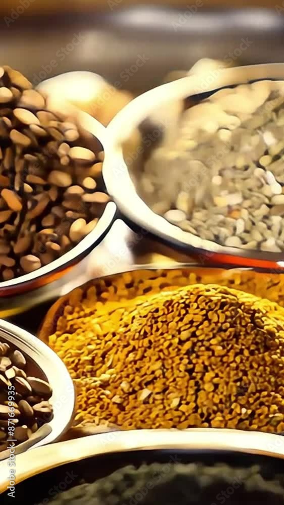 Assortment of aromatic spices, seeds and dry herbs for cooking food on background rotating in smal glass bowls rotating, close up, top view Assortment of aromatic spices, seeds and dry herbs for cooking food on background rotating in smal glass bowls rotating, close up, top view