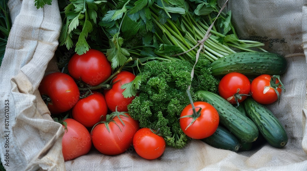 Eco friendly bag containing tomatoes greens and cucumbers Eco friendly bag containing tomatoes greens and cucumbers
