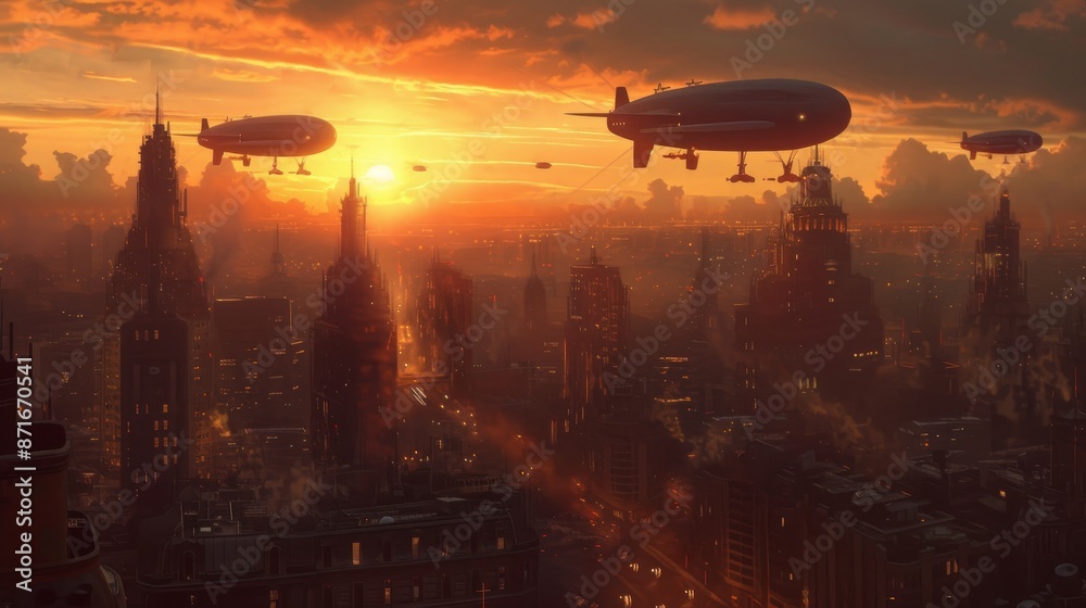 Group of airplanes in flight over a city during sunset with colorful sky in background, A sunset over a bustling cityscape with blimps floating in the sky, AI Generated Group of airplanes in flight over a city during sunset with colorful sky in background, A sunset over a bustling cityscape with blimps floating in the sky, AI Generated