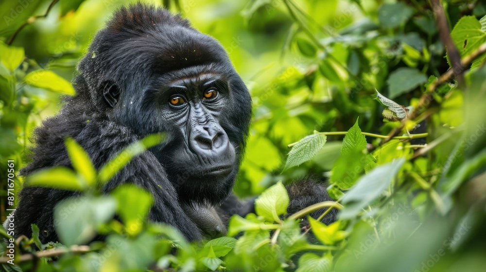 Obraz premium A mountain gorilla peers out from dense foliage