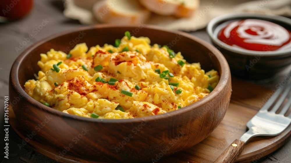Scrambled eggs served with utensils and ketchup bowl Scrambled eggs served with utensils and ketchup bowl