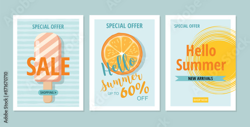 Set of summer posters with summer attributes. Ice cream, sun and orange. Vector