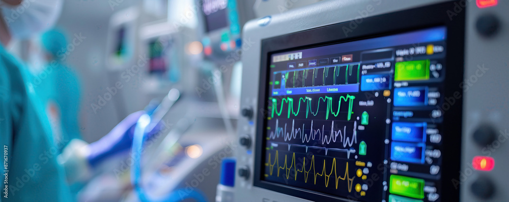 A medical monitor displays a patient's heart rate and other vital signs