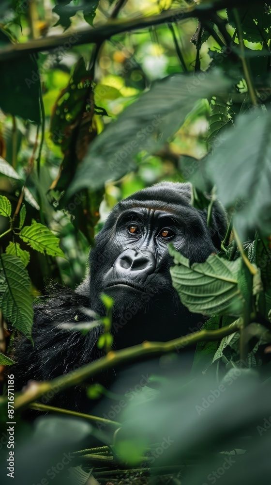 Obraz premium A mountain gorilla peeks out from behind leafy branches