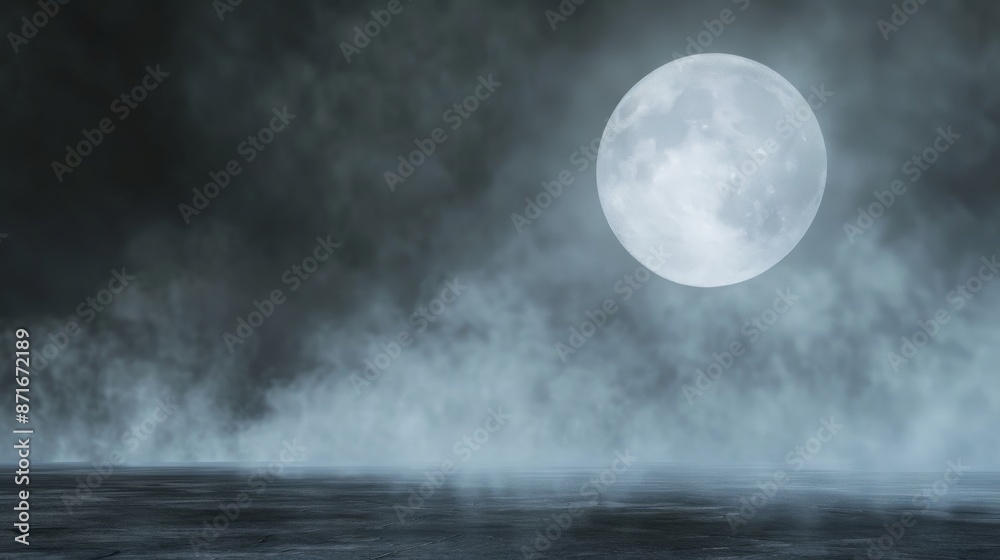 A full moon casts a luminous glow in a misty night sky above a tranquil body of water A full moon casts a luminous glow in a misty night sky above a tranquil body of water
