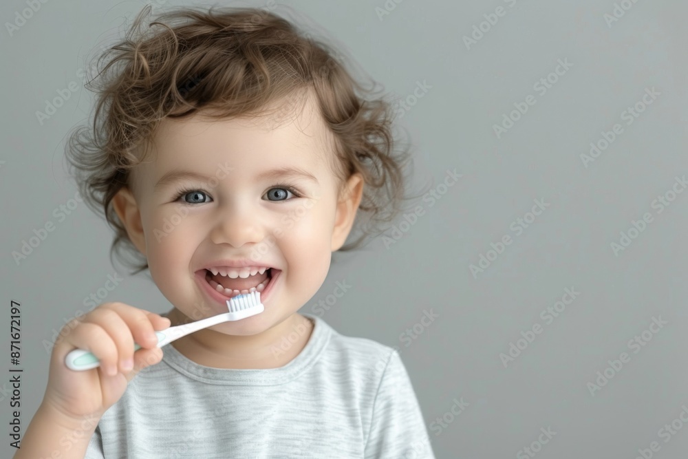 Smiling toddler with curly hair brushing teeth with a white toothbrush in a gray shirt against a plain background. Smiling toddler with curly hair brushing teeth with a white toothbrush in a gray shirt against a plain background.