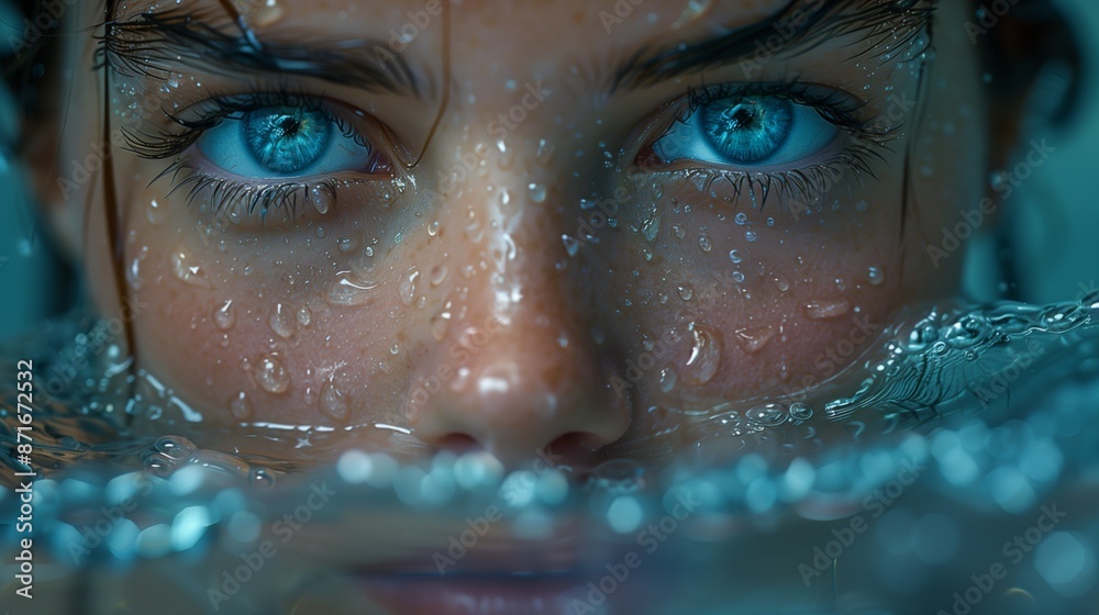 Intense blue-eyed gaze with water droplets in a close-up shot Intense blue-eyed gaze with water droplets in a close-up shot