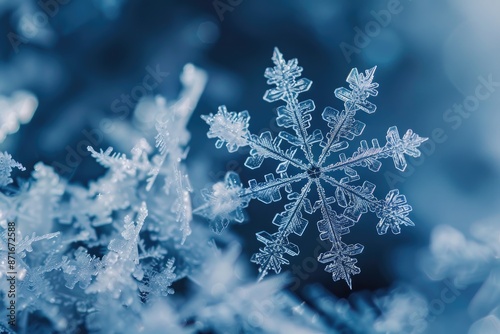 Close Up of Detailed Snowflake on Blue Frosty Background © dashtik