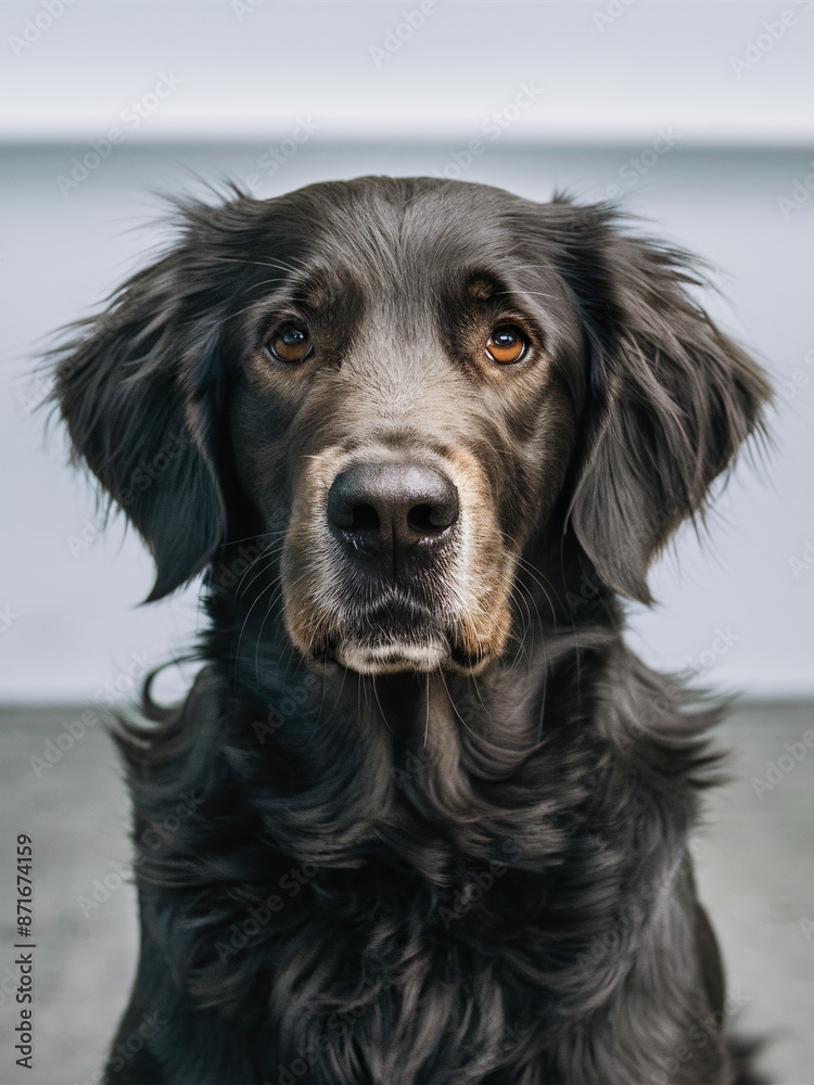 Close-up portrait of a black dog with long fur Close-up portrait of a black dog with long fur