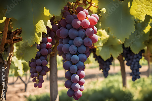 vibrant clusters of ripe grapes hang from the vines.