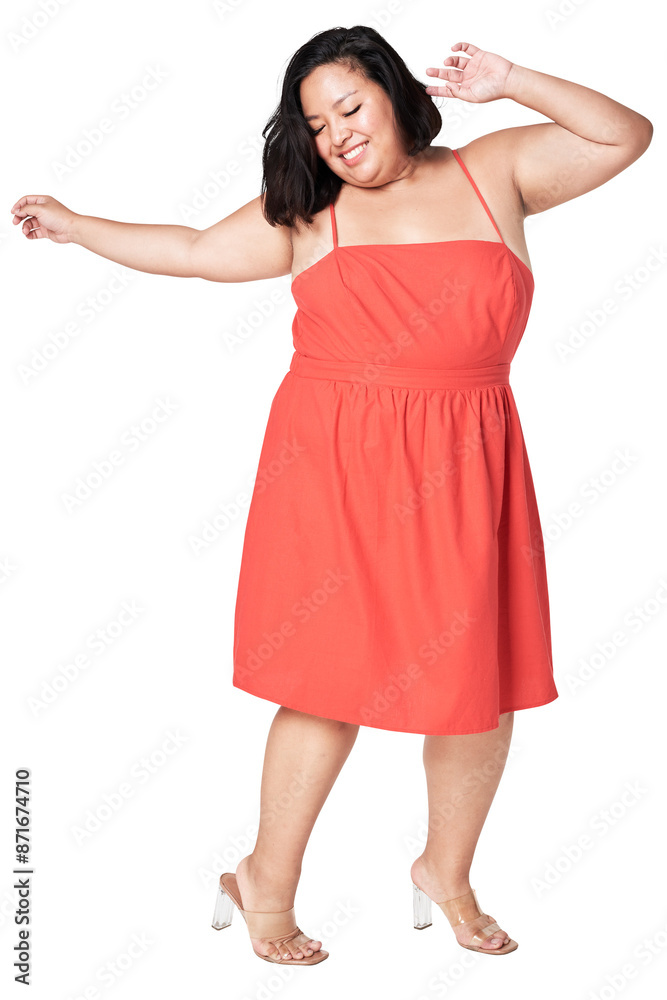 Body positivity red dress png happy plus size model posing Body positivity red dress png happy plus size model posing