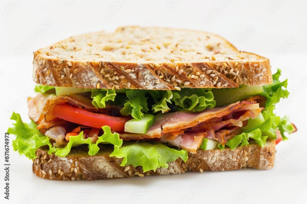 Delicious Sandwich with Crisp Bacon, Fresh Lettuce, and Tomato on White Background Delicious Sandwich with Crisp Bacon, Fresh Lettuce, and Tomato on White Background