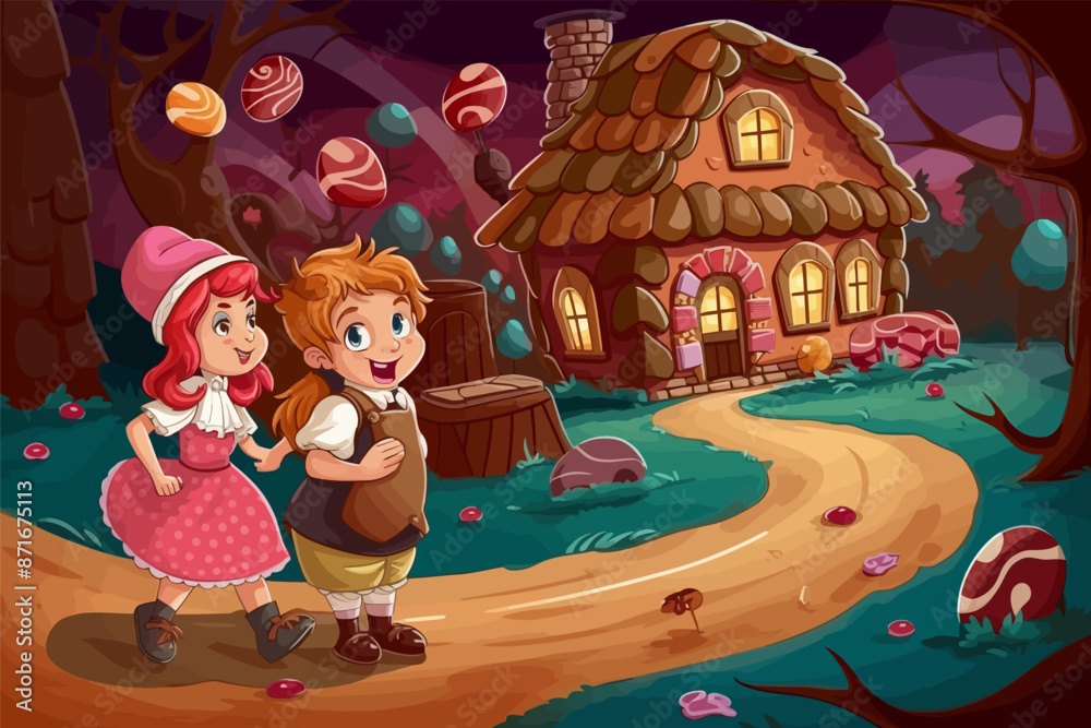 Naklejka premium Cozy Cottage Nestled in a Whimsical Forest Setting with Two Cheerful Children Exploring the Winding Path. Storybook Illustration, Fantasy Landscape.