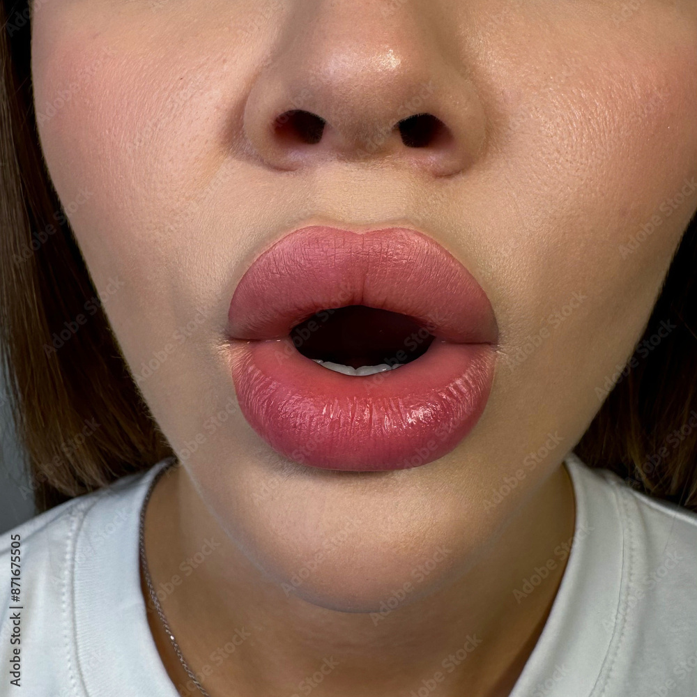 Naklejka premium permanent makeup on the lips of a young woman of a delicate peach shade close-up, a girl after a cosmetic procedure with smooth and clean healthy skin.