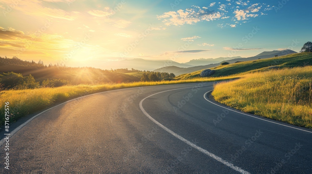 Landscape of A Road on a Grassland with Sunset View