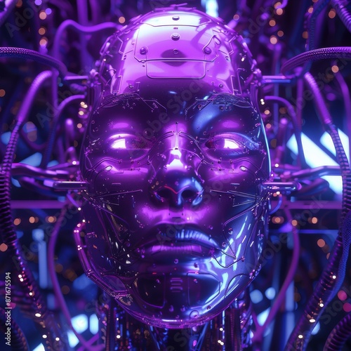 In code / 3D illustration of a robotic science fiction female stock hardwired to a computer photo