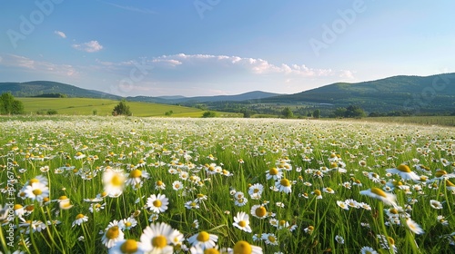 sunny chamomile field in full bloom, capturing the essence of a vibrant summer meadow. © Smart AI