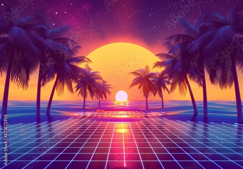 Synthwave and retrowave background template. Space, palm trees, rave music and 80s graphics in a computer game.