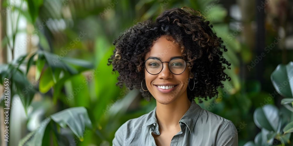Successful businesswoman with curly hair and glasses in green office adorned with plants. Concept Fashion Styling, Office Environment, Curly Hairstyles, Eyeglasses Fashion, Indoor Plants Successful businesswoman with curly hair and glasses in green office adorned with plants. Concept Fashion Styling, Office Environment, Curly Hairstyles, Eyeglasses Fashion, Indoor Plants