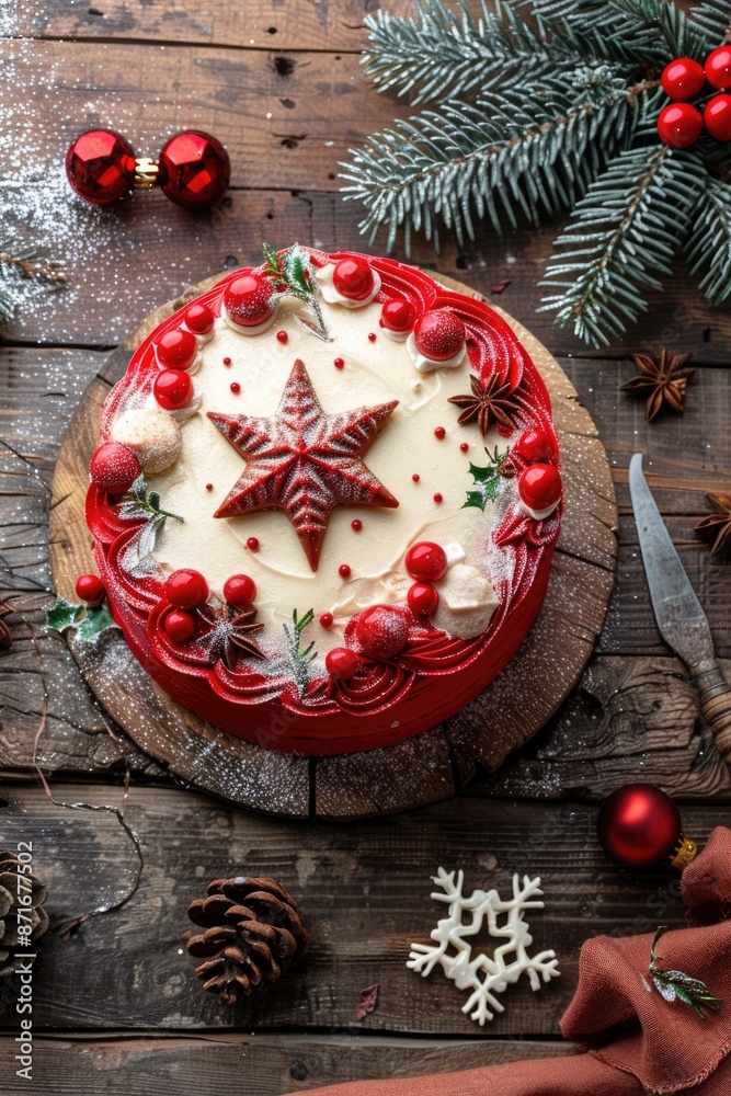 Christmas Cake with Berries and Icing on Rustic Wooden Table Christmas Cake with Berries and Icing on Rustic Wooden Table