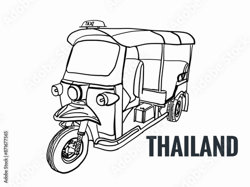 Tuk Tuk, tricycle Taxi in Bangkok Thailand, Hand Drawn vector in black and white drawing line 