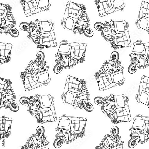 seamless Tuk Tuk, tricycle Taxi in Bangkok Thailand, Hand Drawn vector in black and white drawing line
