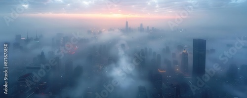 A city skyline blurred by smog from fossil fuel combustion, emphasizing air pollution, Realism, Muted Colors, High Detail