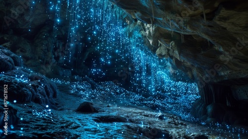 Cave illuminated with numerous blue lights creating a mystical atmosphere, An underground cave illuminated with bioluminescent organisms, AI Generated photo