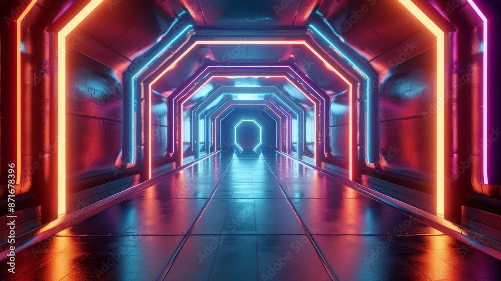 The 3D rendering shows a futuristic sci-fi corridor leading to a portal with colorful neon lights The 3D rendering shows a futuristic sci-fi corridor leading to a portal with colorful neon lights