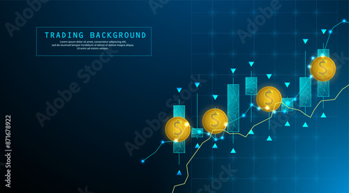 Stock trading profits, market movement growth with money, blue business backgrounds