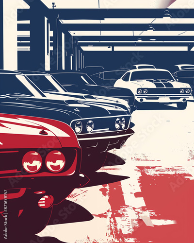 collection of classic cars in garage with vintage aesthetic, blue and red detailed silhouettes