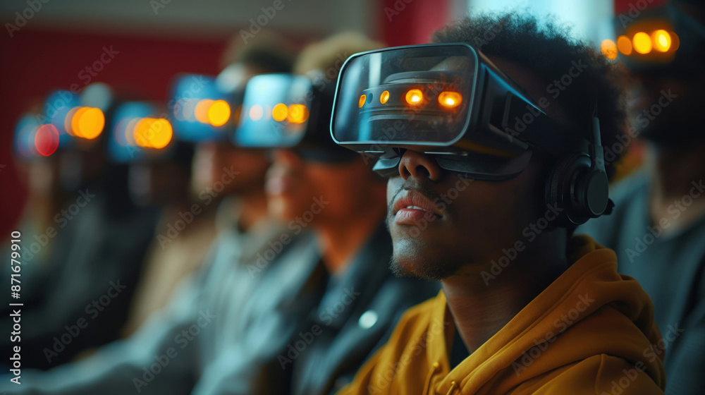 Group of adults in a modern classroom wearing VR headsets, exploring a virtual learning environment with focused expressions Group of adults in a modern classroom wearing VR headsets, exploring a virtual learning environment with focused expressions