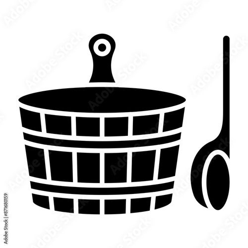 Sauna bucket and ladle line icon. Wooden, bucket, sauna, ladle, water, spa, bath, relaxation, wellness, equipment, traditional, handle, steam, bathhouse, hygiene, cleansing, health, therapy, hot, heat
