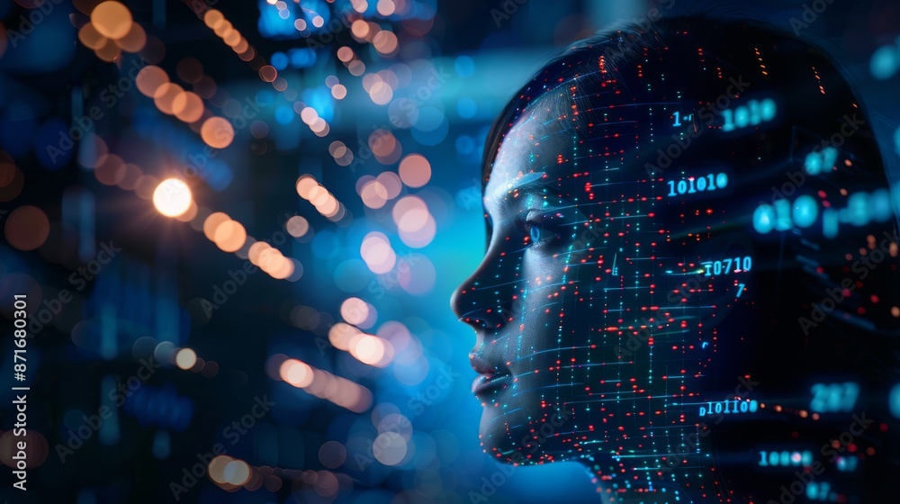 In the mind of a humanoid robot using stock, a glowing code structure is floating in the air