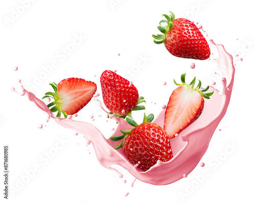 Milk or yogurt splash with strawberries photo