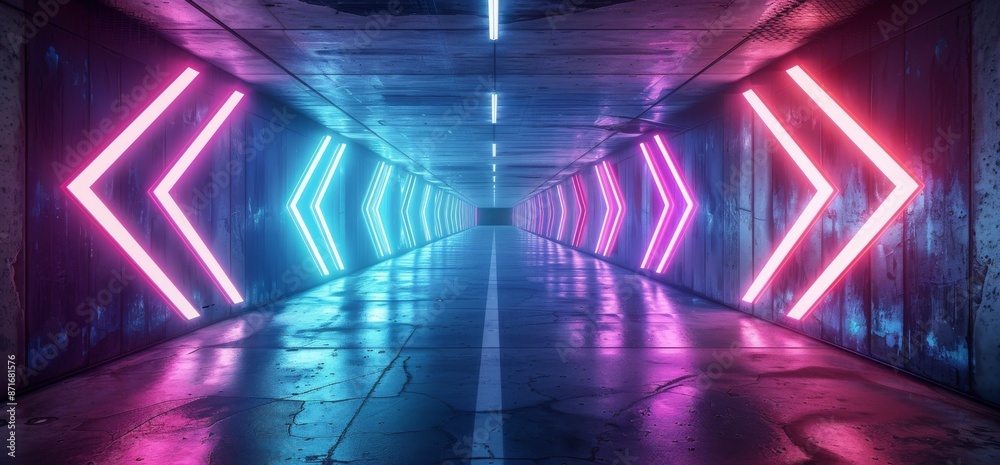 The 3D rendering shows a neon glow psychedelic sci fi futuristic retro arrow vertical lights. The color scheme is purple blue grunge concrete tunnels. The 3D rendering shows a neon glow psychedelic sci fi futuristic retro arrow vertical lights. The color scheme is purple blue grunge concrete tunnels.