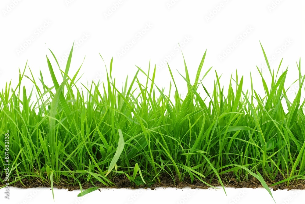 Fototapeta premium A long green grass field with no other objects in the background. The grass is tall and lush, giving the impression of a peaceful and serene environment