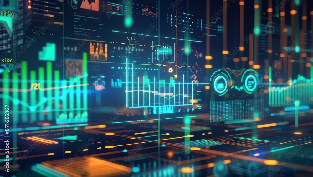 A futuristic digital graph with orange and green lines, representing the stock market's movement over time. A futuristic digital graph with orange and green lines, representing the stock market's movement over time.