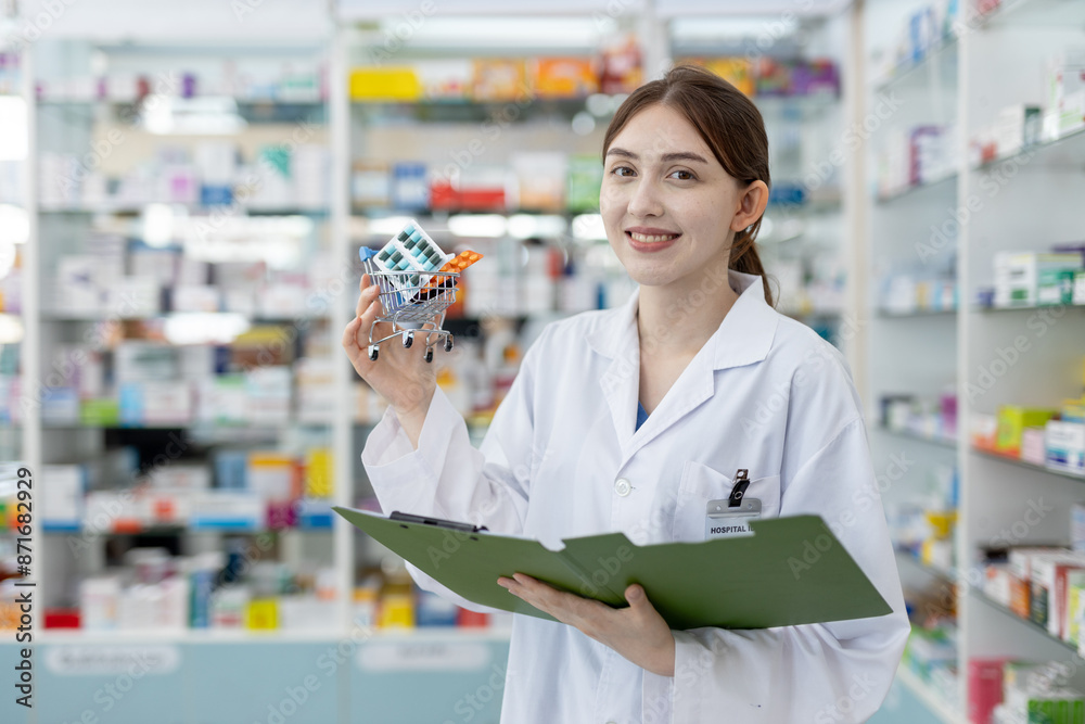woman pharmacists holding shopping trolley with set medicine and record paper in drug store. pharmacy and health care online concept. woman pharmacists holding shopping trolley with set medicine and record paper in drug store. pharmacy and health care online concept.