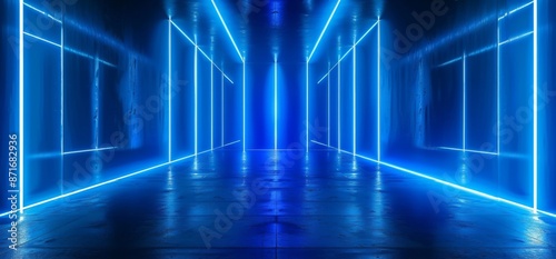 An underground concrete metal construction scene in a futuristic sci-fi dance club that features a laser neon blue color scheme