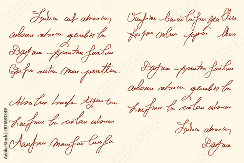 Unreadable hand written text. Illegible antique English cursive fake document. Linear abstract text