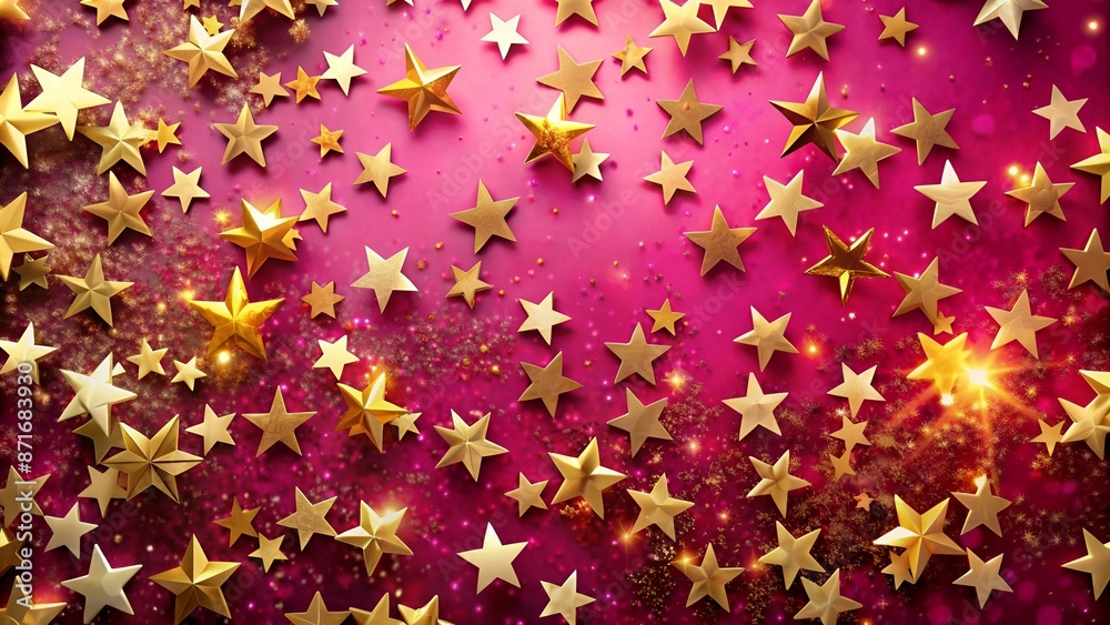 Golden star confetti on pink fuchsia background. Festive holiday backdrop with glowing stars. Golden star confetti on pink fuchsia background. Festive holiday backdrop with glowing stars.