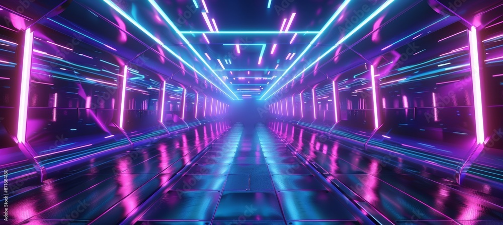 A futuristic sci-fi corridor or shaft with an exit or goal ahead. An abstract cyber speedway concept. A futuristic sci-fi corridor or shaft with an exit or goal ahead. An abstract cyber speedway concept.