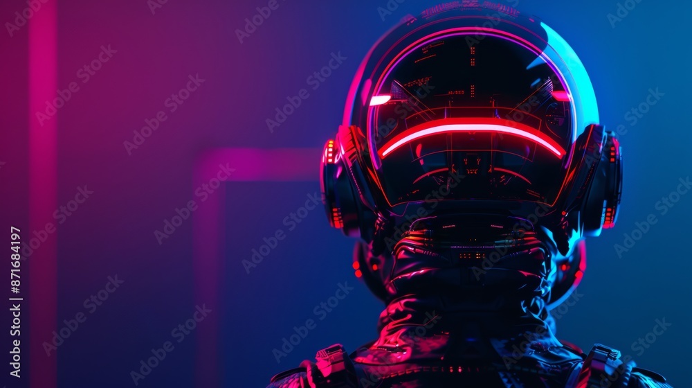 Cyberpunk character with a human skull in a sci-fi orange blue helmet and hoodie. Hyperspace Augmented Reality. 3D render of a night dark blue background with glowing neon speed stripes. Cyberpunk character with a human skull in a sci-fi orange blue helmet and hoodie. Hyperspace Augmented Reality. 3D render of a night dark blue background with glowing neon speed stripes.