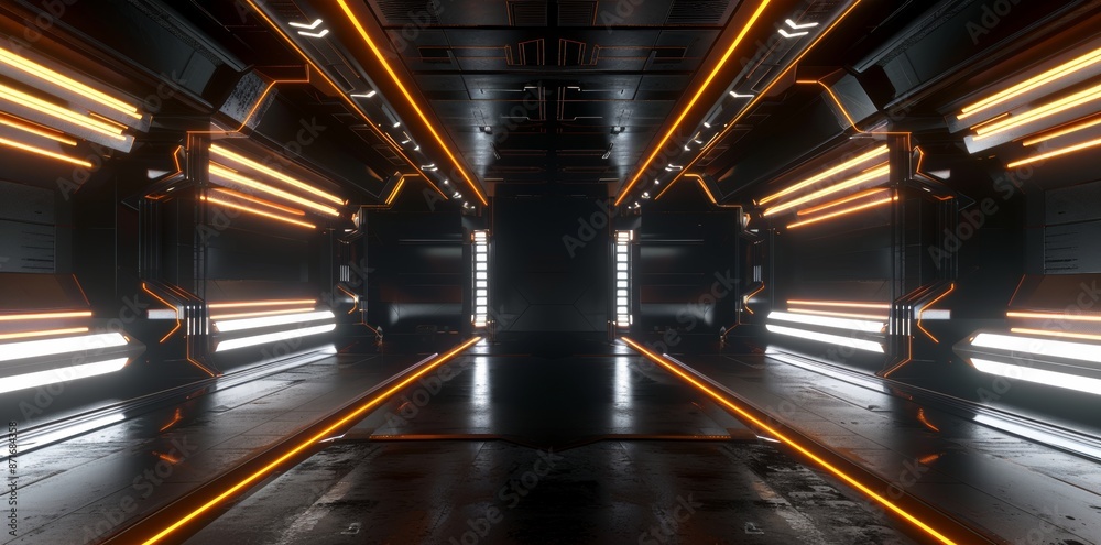 Naklejka premium Concept for advertising, showroom, technology, future, modern, sport, metaverse. 3D rendering of a spaceship corridor neon glowing orange background futuristic. Cyberpunk concept. Sci Fi