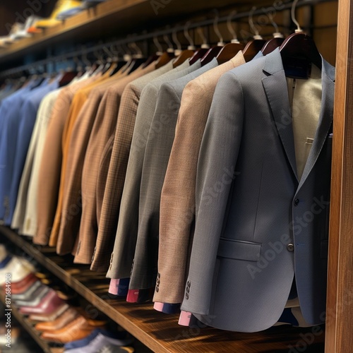 Modern office's coat rack filled with a variety of business suits and blazers, Assortment of Designer Men's Suits, Expensive Men's Suits Hanging on a Hanger in a Store Display, Advertisement concept photo