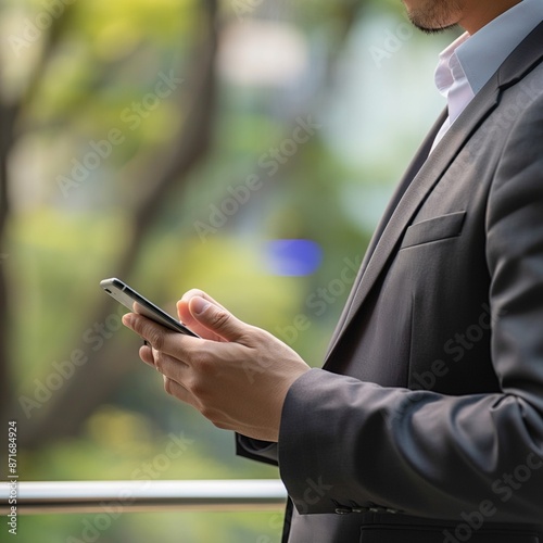 A businessman working in relaxing surroundings, a Closeup shot of an unrecognizable man holding a mobile phone in hand, blurred background, A Businessman watching a smart mobile in the city. photo