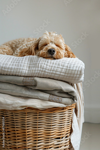 clothes stacked perfectly n a wicker washing basket with a cream  dog asleep on top
